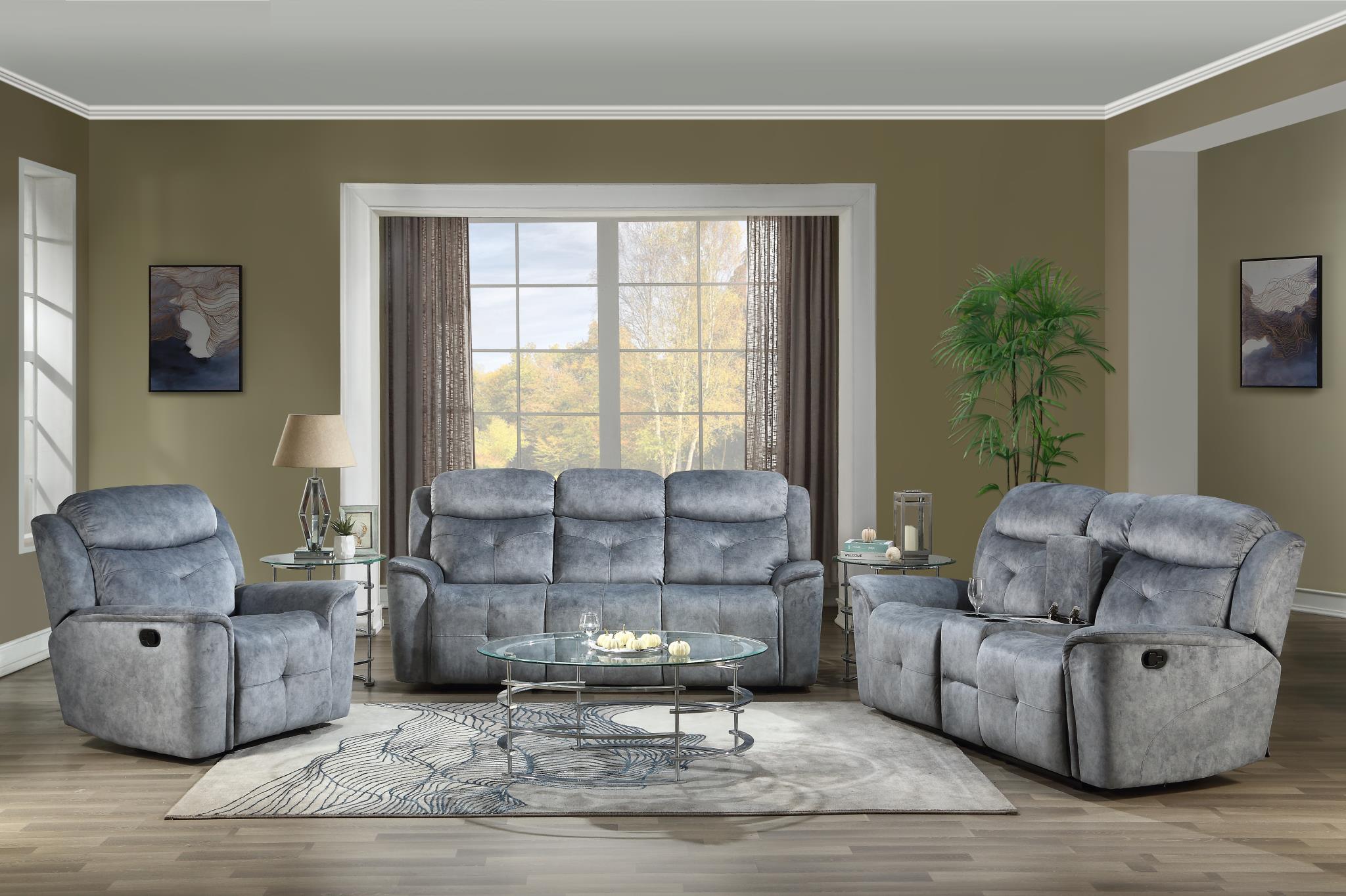 Silver Gray Fabric Complete Reclining Sofa Set