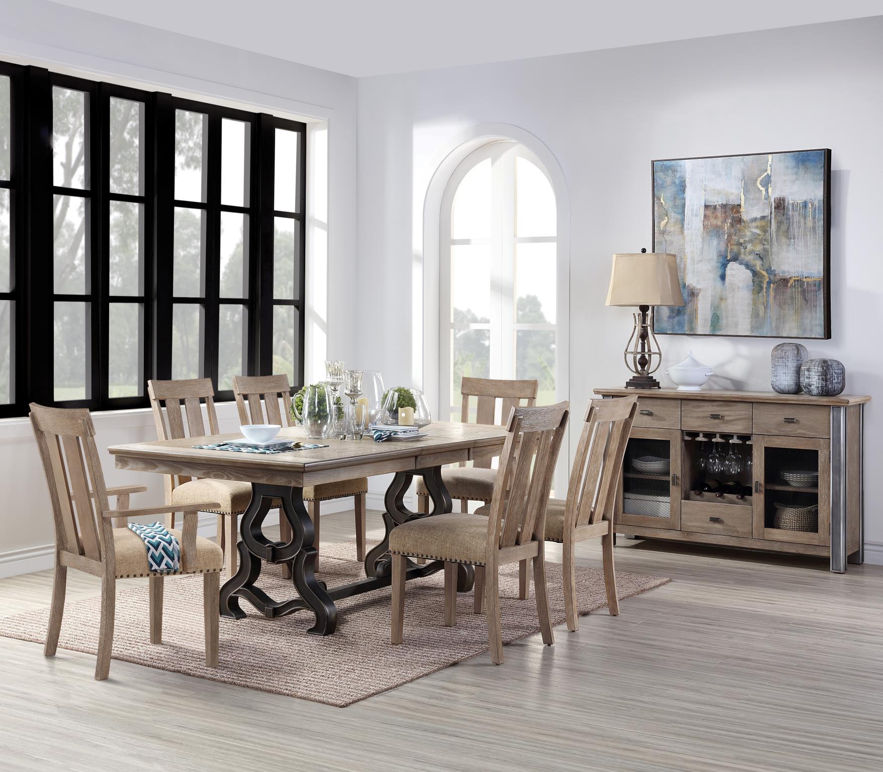 Complete Dining Table Set w/ Slatted Back Side and Arm Chairs