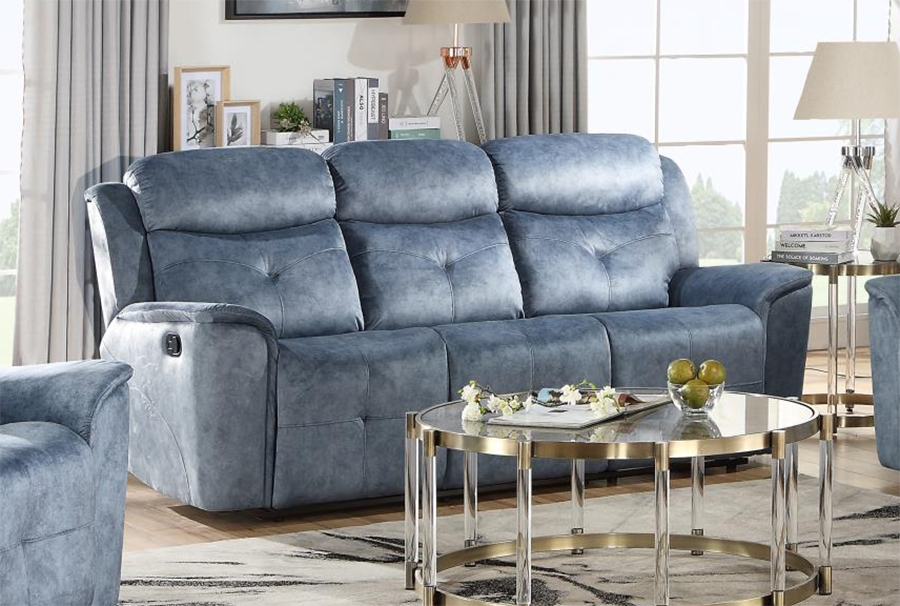 Silver Blue Fabric Reclining Sofa