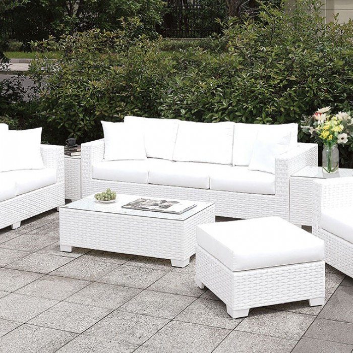 3 Piece Patio Sofa Set w/ Ottoman, Bench, and End Tables Close Up