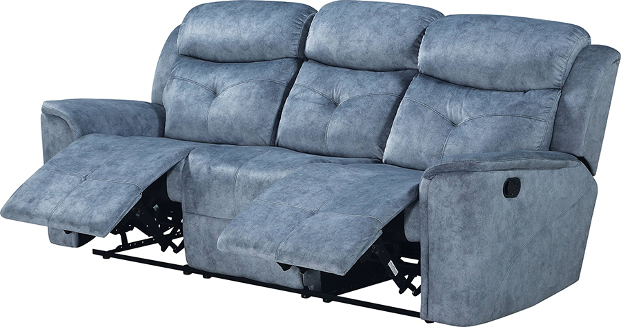 Silver Blue Fabric Reclining Sofa Angle w/ Reclined Seats